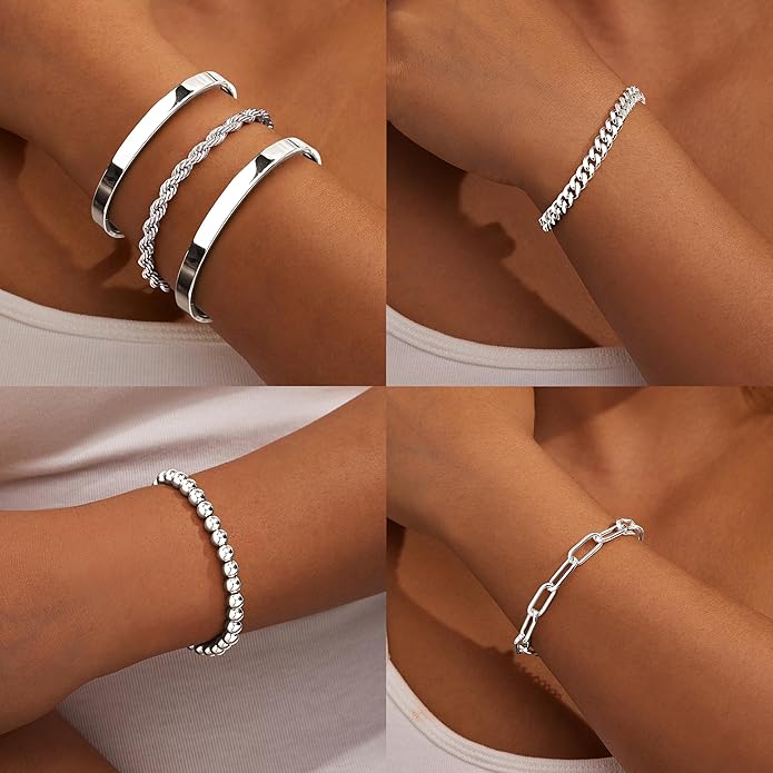 Gold Bracelets Set for Women Non Tarnish, 14K Gold Plated Sterling Silver Chunky Cuff Bracelet Stackable Gold Bangles Bracelet for Women Trendy Fashion Accessories Tie Knot Cuban Rope Paperclip Beaded Bracelet Stack Jewelry Valentines Day Gifts