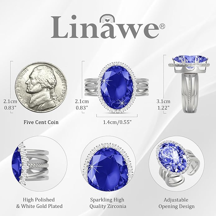 Linawe Birthstone Chunky Adjustable Rings for Women, Gold/Silver/Rose Gold Statement Rings, Imitation Diamond Fake Gemstone Crystal Cocktail Ring, Cubic Zirconia Costume Jewelry