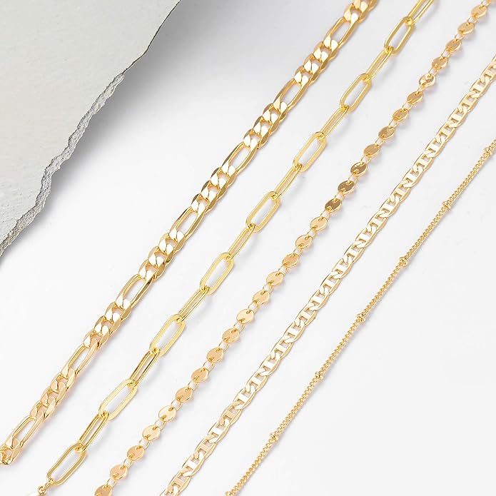 Dainty Layered Gold Chain Bracelet for Women 14K Gold Plated Handmade Adjustable Bracelet Satellite Beads Oval Mariner Figaro Link Chain Bracelets Minimalist Layering Stacking Jewelry Gift for Women