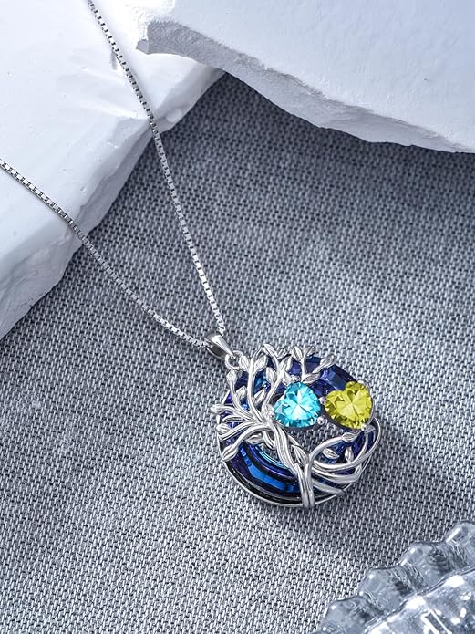 TOUPOP s925 Sterling Silver Family Celtic Tree of Life Pendant Necklaces with 2 Heart Birthstone with Blue Austrian Crystal Jewelry Birthday Valentines Day Gifts for Her, Anniversary Christmas Gifts for Wife Girlfriend Mom (18K Real White Gold Filled)