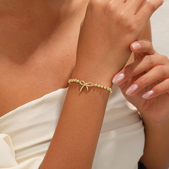 Gold Bracelets for Women, Cute 14K Gold/Silver Plated Stretch Beaded Bracelets for Women Trendy Stackable Charm Bracelet Dainty Adjustable Waterproof Non Tarnish Jewelry Gifts for Her