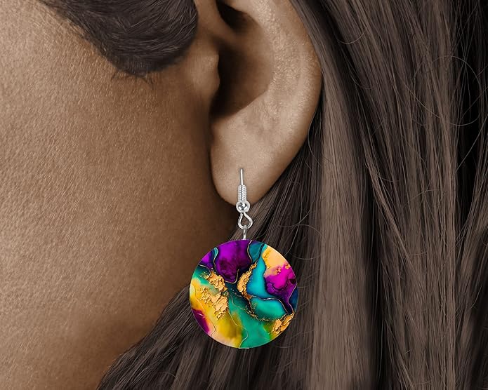 Round Wood Earrings Light Weight Printed Image Dangle Jewelry