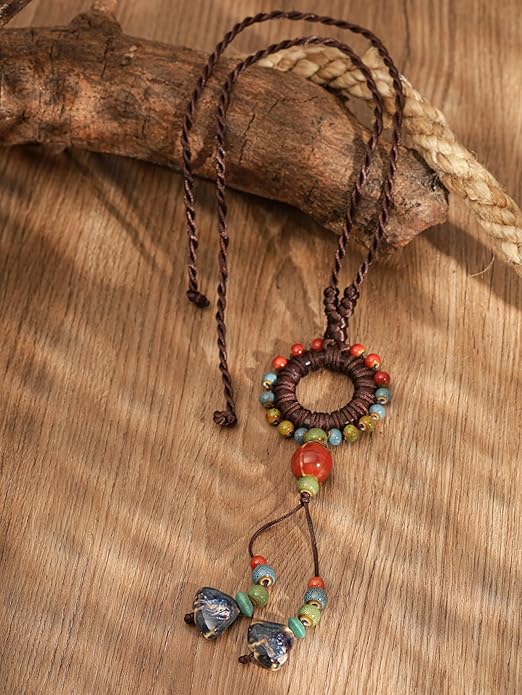 MINACHI Boho Hippie Colorful Ceramic Beads Strand O Ring Circle Charm Long Y Necklace, Vintage Bohemian Statement Jewelry Gift for Women
