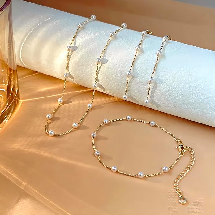 Gold Jewelry Set for Women - Dainty 14K Gold Plated Pearl Necklace and Earring Set with Drop Earrings, Bracelets, Choker Necklace - Wedding Jewelry Gift