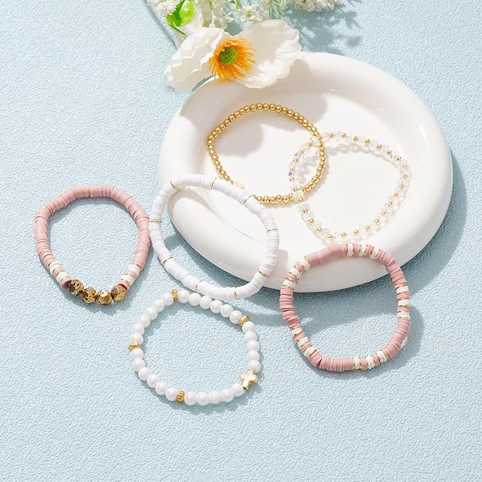 Heishi Beaded Stretch Bracelets for Women Stackable Polymer Clay Beads Bracelets Friendship Boho Summer Beach Bracelet Jewelry Set
