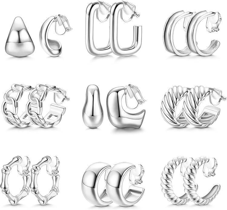 THUNARAZ 9 Pairs Clip on Earrings for Women 14K Gold Plated Chunky Hoop Clips Earring Trendy Clip on Hoop Earrings for Women Non-Pierced Fake Jewelry