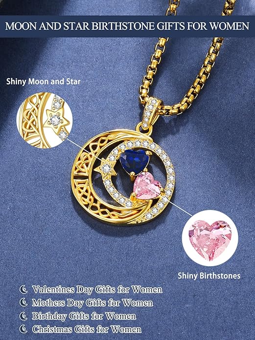 14K Gold Moon and Star Necklace Gifts for Women - Double Heart Birthstone Necklace, Valentines Wedding Anniversary Birthday Gifts for Her Wife Mom Daughter Grandma Sister