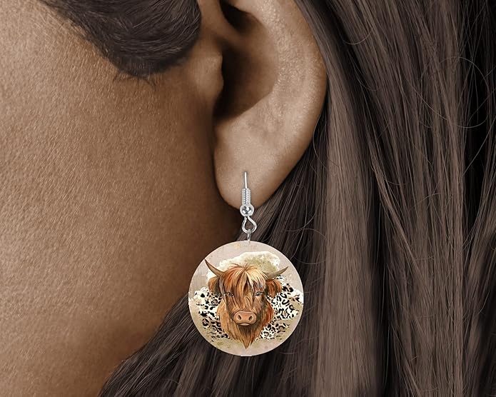 Round Wood Earrings Light Weight Printed Image Dangle Jewelry
