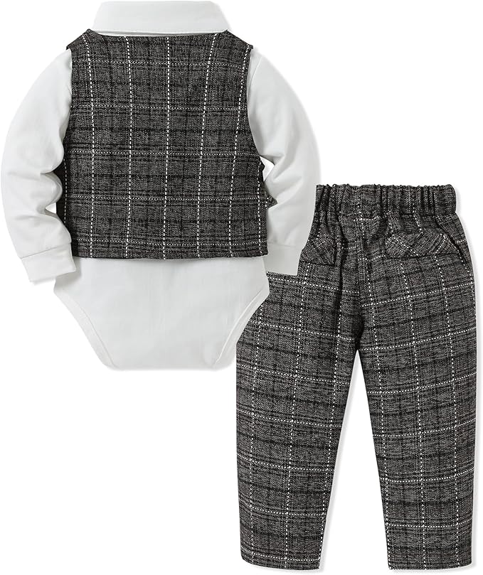 DISAUR Baby Boy Clothes Toddler Boy Outfits 4PCS Gentleman Dress Romper/Vest/Pants/Bow Tie Cotton Suit Sets