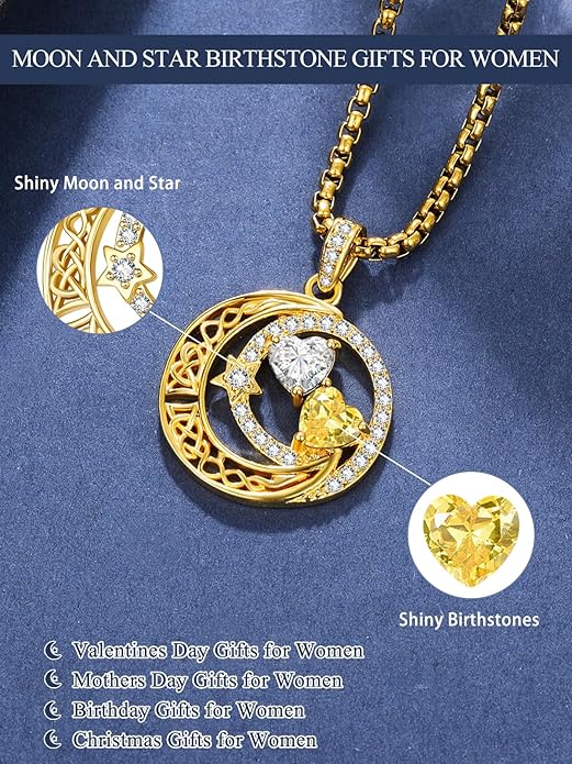14K Gold Moon and Star Necklace Gifts for Women - Double Heart Birthstone Necklace, Valentines Wedding Anniversary Birthday Gifts for Her Wife Mom Daughter Grandma Sister