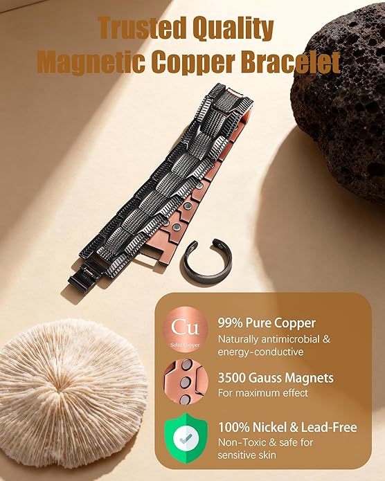 Copper Bracelet for Men, 3X Strength Magnetic Copper Bracelets for Men with 3500 Gauss Magnets, Adjustable Length with Sizing Tool