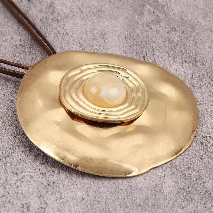 GelConnie Leather Necklace for Women Large Pendant Long Brown Necklace Circle Leather Choker Vintage Sweater Necklace Gold Chunky Boho Necklaces for Women