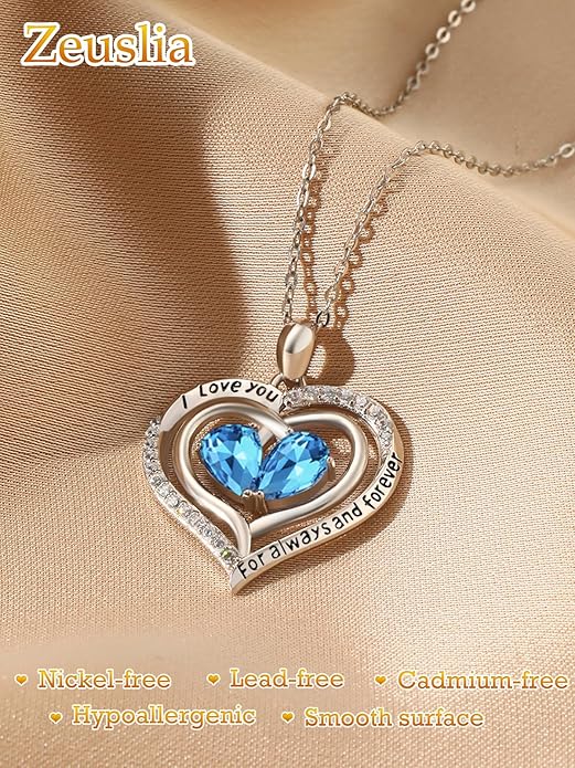 Valentine's Day Gifts for Wife 925 Sterling Silver Double Birthstone Pendant Necklaces I Love You for Always and Forever Necklace Anniversary Birthday Gifts for Wife Girlfriend Mom Her