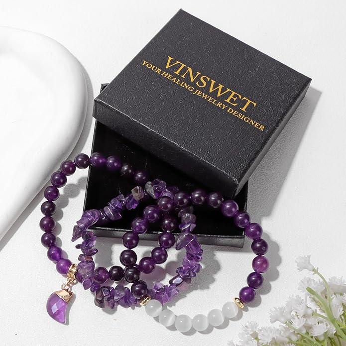 Healing Crystal Beaded Bracelets for Women,Natural Amethyst Gemstones Bracelet,Anxiety Stress Relief Heart Charm Bracelet Handmade purple Jewelry Gifts for Women