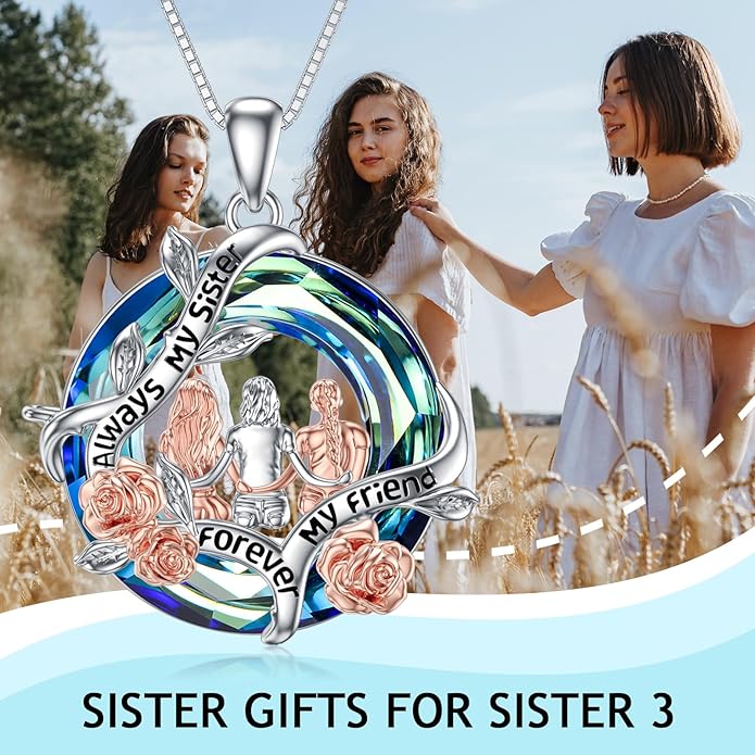 TOUPOP Sisters Gifts from Sister Necklace Sterling Silver Rose Flower with Crystal Jewelry Valentines Day Birthday Gifts for Women Best Friend Friendship
