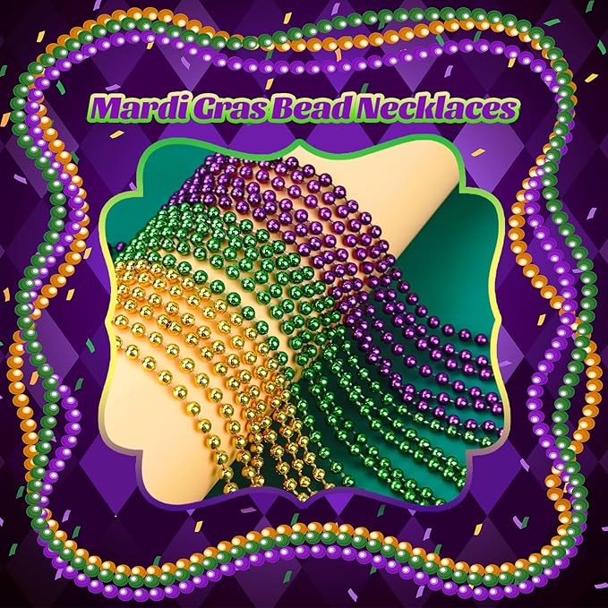 72 PCS Mardi Gras Beads Necklaces, Gold Green Purple Metallic Bead Necklaces 33” 7 mm Mardi Gras Beads Necklaces Accessories Bulk Party Beads Necklaces for Mardi Gras Party, Throw Beads Party Favors