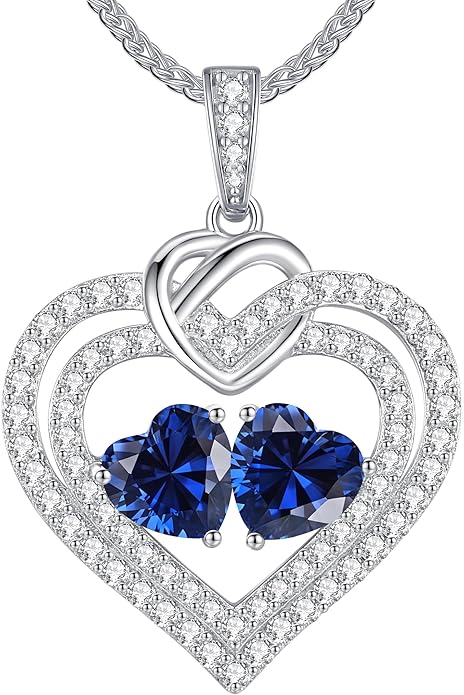 LOUISA SECRET Sparkling Double Heart Birthstone Necklaces for Women, 925 Sterling Silver Fine Jewelry, Pendant Heart Necklaces Birthday Anniversary Christmas Gift for Women Wife Mom Girlfriend Lady