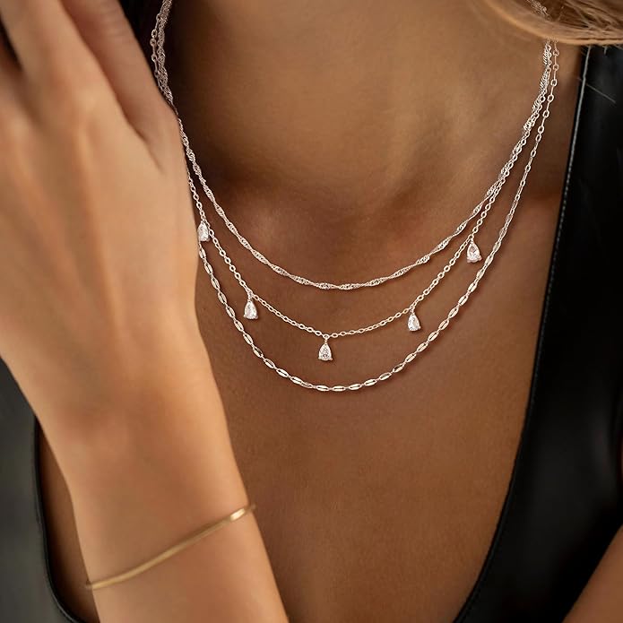 Layered Necklaces for Women, Dainty Gold Necklace Stack 14k Gold Plated Layering Cubic Zirconia Choker Necklaces for Women Trendy Simple Layered Gold Necklace Set Fashion Jewelry