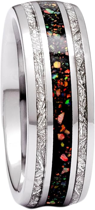 Created-Opal Ring with Imitated Meteorite 8mm Tungsten Wedding Band or Gift 7-13