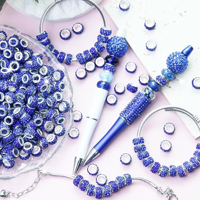 100Pcs Rhinestone Large Hole Beads Spacer Beads Dark Blue European Craft Big Beads Large Hole Rhinestones Lampwork Murano Bead Fairy Wand Garden Beads for DIY Bracelet Necklace Jewelry Making Supplies
