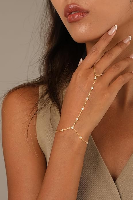 CHESKY 14K Gold Plated Hand Chain Bracelets for Women Set - Dainty Finger Ring Bracelet Stack Adjustable Hand Chains Durable Beaded Bracelets Trendy Simple Body Jewelry Gift for Women