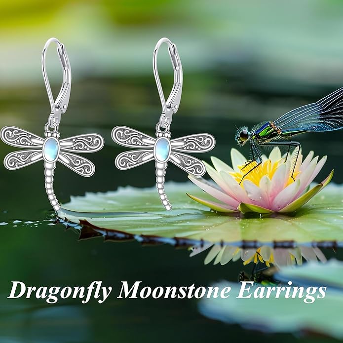 ONEFINITY Dragonfly Earrings 925 Sterling Silver Moonstone Leverback Dragonfly Dangle Drop Earrings Women Jewelry Gifts