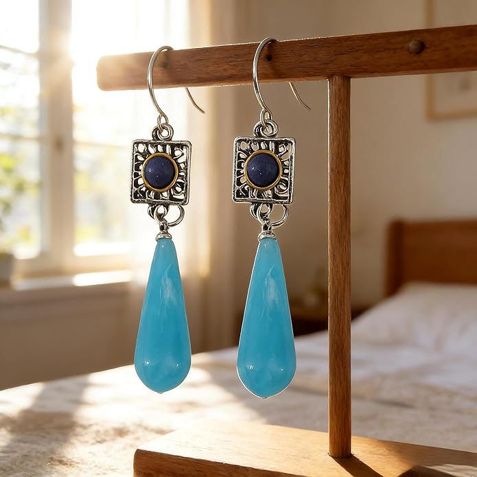 Multi-Color Gemstone Drop Earrings, Dangle Style, Hook Design