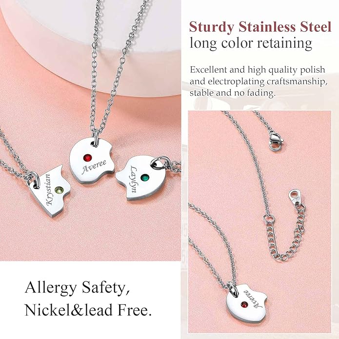 FindChic Personalized Matching BFF Necklace for 2/3/4/5/6 Puzzle Name Heart Pendant Stainless Steel Couple Necklace Set Customized Necklaces for Teen Girls