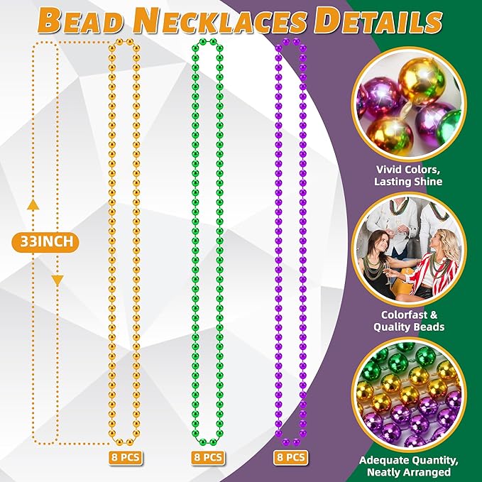 24 PCS Mardi Gras Beads Necklaces, Gold Green Purple Metallic Bead Necklaces 33” Mardi Gras Beads Necklaces Accessories Bulk Party Beads Necklaces for Mardi Gras Party, Throw Beads Party Favors