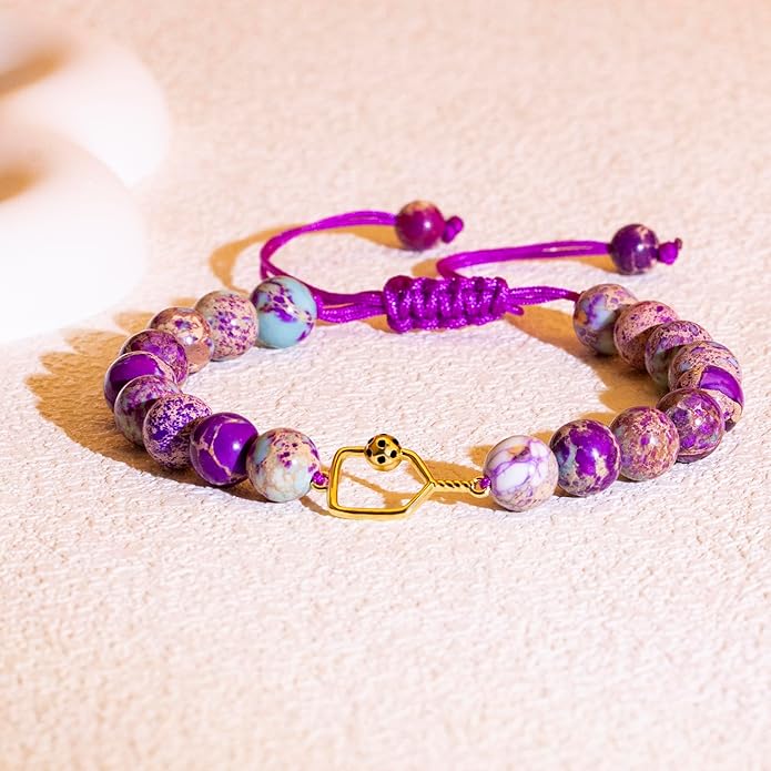 Natural Stone Adjustable Braided Beaded Pickleball Bracelet Charm Jewelry - Sports Lover Pickleball Gifts for Women Men Teens Friends