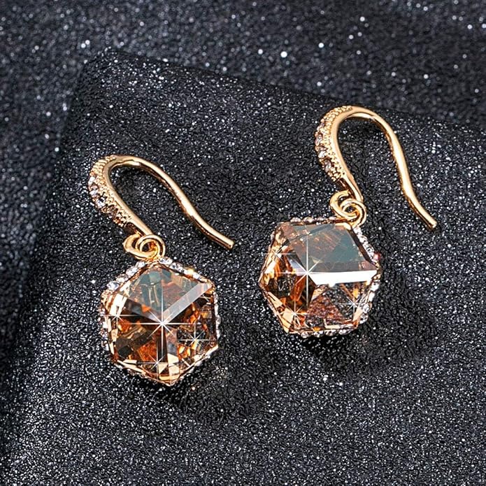 Austrian Crystal Cube Drop Dangle Earrings for Women 14K Gold Plated Hypoallergenic Jewelry