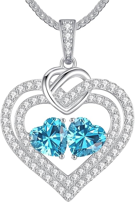 LOUISA SECRET Sparkling Double Heart Birthstone Necklaces for Women, 925 Sterling Silver Fine Jewelry, Pendant Heart Necklaces Birthday Anniversary Christmas Gift for Women Wife Mom Girlfriend Lady