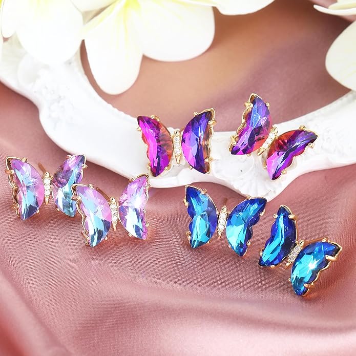 MISS RIGHT Butterfly Crystal Jewelry Set with Butterfly Necklace Stud Earrings Bolo Bracelet Adjustable Ring for Women Trendy, Iridescent Y2K Dainty Butterfly Jewelry Gifts