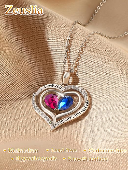 Valentine's Day Gifts for Wife 925 Sterling Silver Double Birthstone Pendant Necklaces I Love You for Always and Forever Necklace Anniversary Birthday Gifts for Wife Girlfriend Mom Her