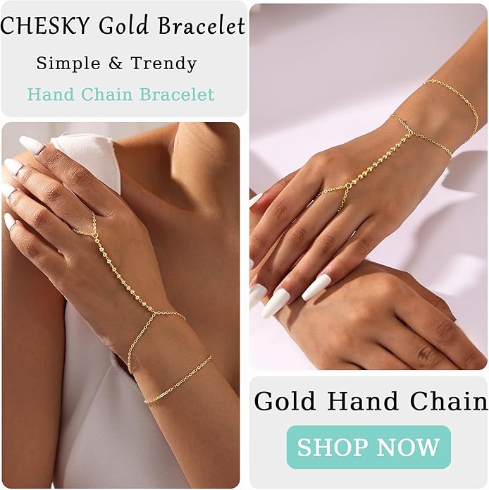 CHESKY 14K Gold Plated Hand Chain Bracelets for Women Set - Dainty Finger Ring Bracelet Stack Adjustable Hand Chains Durable Beaded Bracelets Trendy Simple Body Jewelry Gift for Women