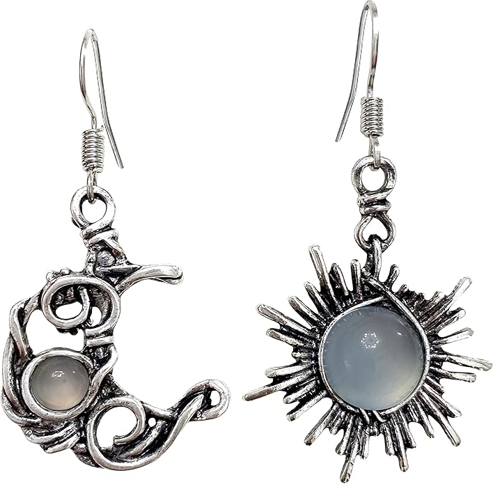 ANDPAI Unique Chic Abstract Hollow Black Vintage Silver Asymmetry Moon Star Sun Dangle Drop Earrings Black Moonstone Moon Hypoallergenic Earrings for Women Statement Jewelry Gifts