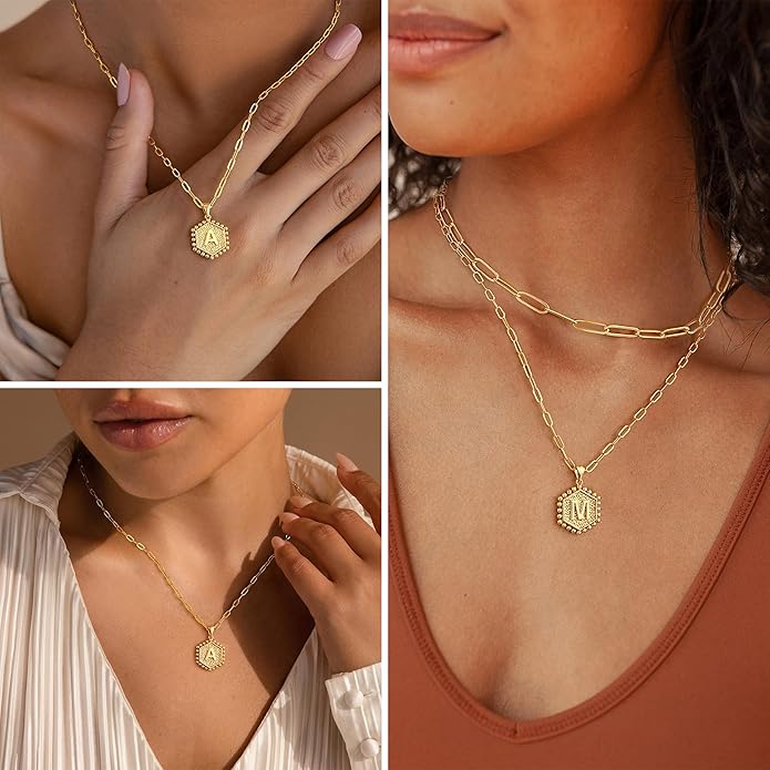 M MOOHAM Valentines Gifts for Women Teen Girls, 14K-Gold-Plated Initial Necklaces for Women Cute Hexagon Letter Initial Necklace Layered Necklaces for Womens Teen Girl Valentines Jewelry Gifts