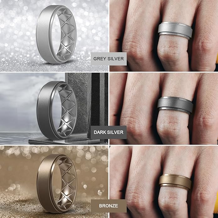 Egnaro Men's Rings 8.5mm Wide-2mm Thick Inner Arc Ergonomic Breathable Rubber Wedding bands-Hypoallergenic for Gym/Outdoor/Gift((1-7 Variety Pack with Half Size)