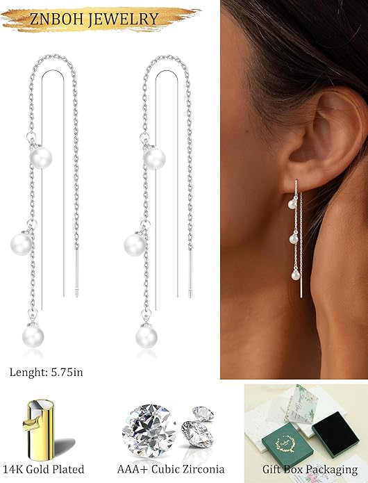 Gold Silver Dangle Earrings for Women Trendy 14K Gold Plated Drop Long Threader Chain Dangling Earring Hypoallergenic Pearl Butterfly Flower Clover CZ Wedding Earrings for Brides Jewelry Gifts