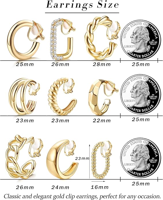 THUNARAZ 9 Pairs Clip on Earrings for Women 14K Gold Plated Chunky Hoop Clips Earring Trendy Clip on Hoop Earrings for Women Non-Pierced Fake Jewelry