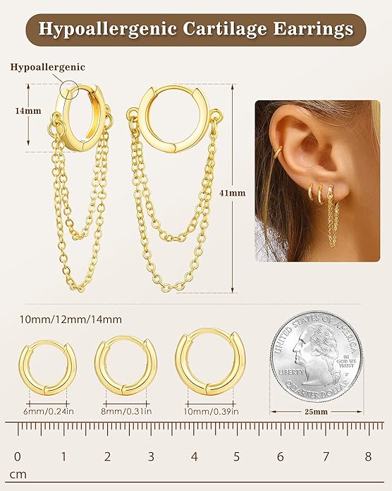Tassel Chain Small Gold Hoop Dangle Earring For Women Huggie Earring Heart Star CZ 14K Gold Plated Fashion Jewelry Friendship Gift