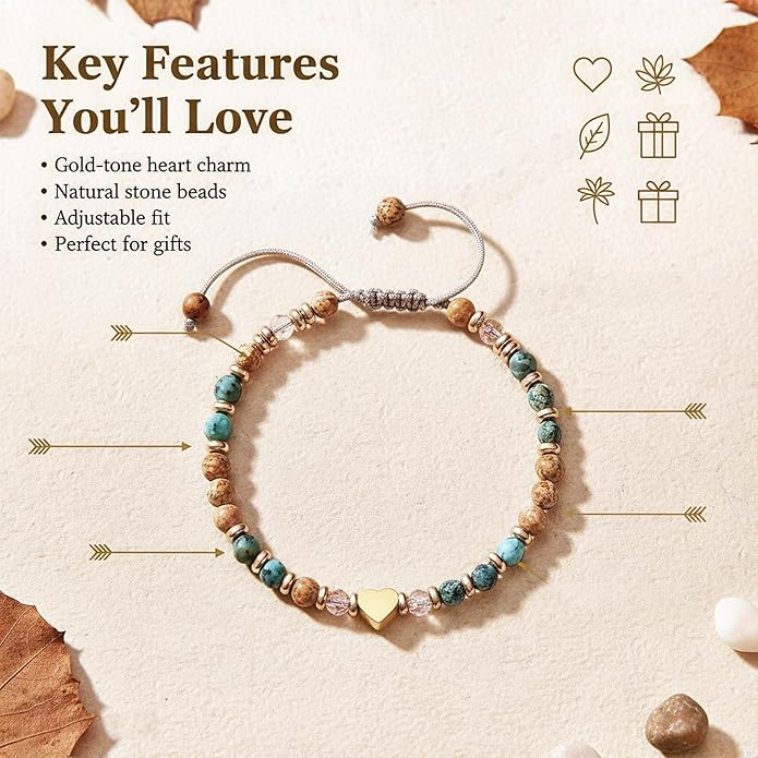Natural Stone Heart Charm Bracelet - Adjustable Beaded Jewelry for Women, Thinking of You Gift.