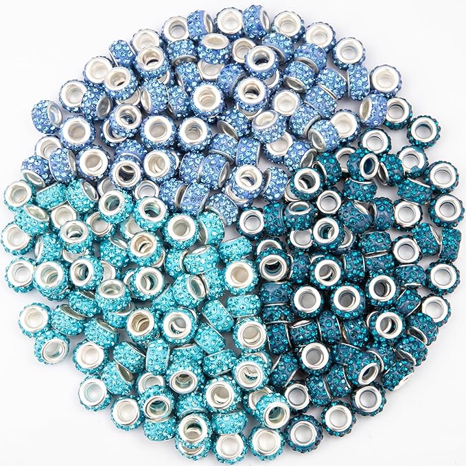 200 Piece Zyehxed Blue European Craft Beads - Large Hole Rhinestone Lampwork Fairy Garden Beads for DIY Charms Bracelet Necklace Earring Jewelry Making