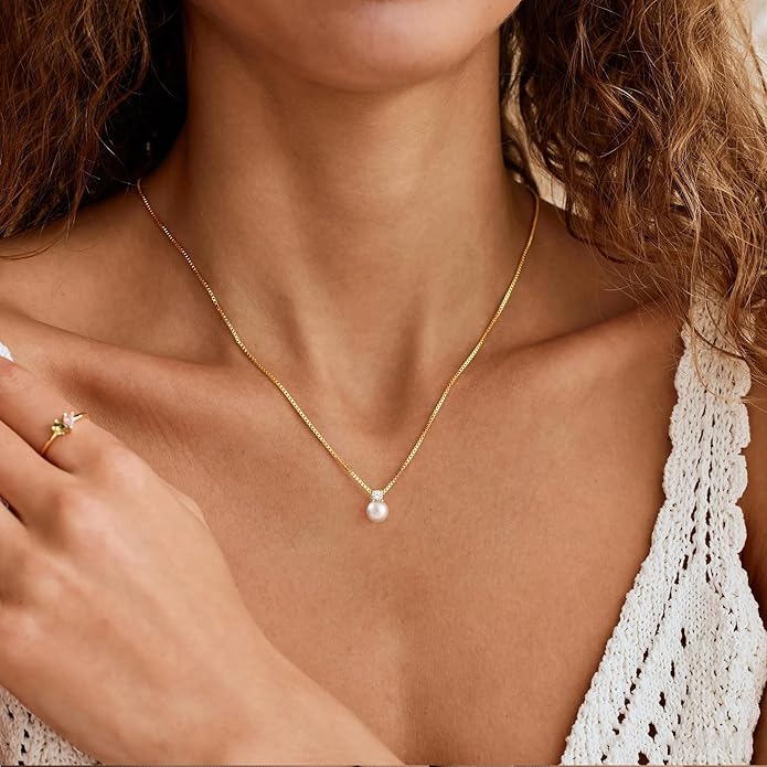 WFYOU Pearl Necklaces for Women Trendy 6MM 8MM 10MM Dainty Round Natural Freshwater Pearl Necklace Silver 14K Gold Plated CZ Pearls Necklaces for Women Birthday Bridesmaid Wedding Gifts Pearl Jewelry