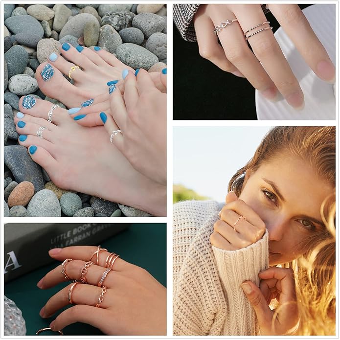 Honsny 12PCS Silver Plated Rings Adjustable Open Rings for Women Cute Gold Plated Stackable Thumb Rings Joint Chain Midi FingerArrow Knot Wave Band Rings Set