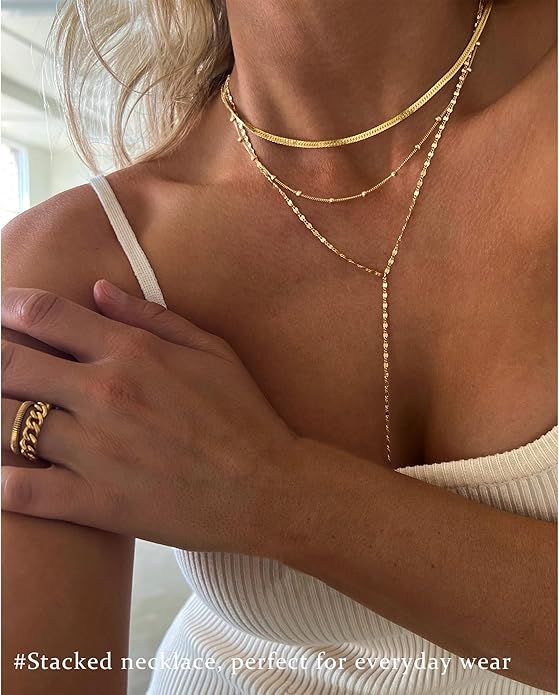 3PCS Gold Necklaces for Women,Chunky Statement Gold Plated Necklace Stack Layered Sterling Silver Herringbone Chains for Women Dainty Trendy Silver Chains Stacked Jewelry Gifts