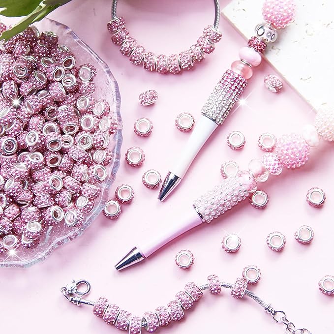 150Pcs Rhinestone Large Hole Beads Spacer Beads Pink European Craft Big Beads Large Hole Rhinestones Lampwork Murano Bead Fairy Wand Garden Beads for DIY Bracelet Necklace Jewelry Making Supplies