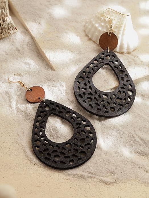 MINACHI Bohemian Hollow Cut-Out Wood Leather Dangle Drop Earrings, Boho Chic Hippie Statement Jewelry Gift for Women