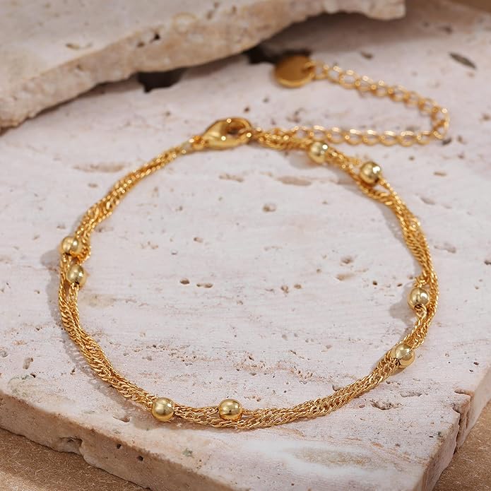 SLOONG Valentines Day Gifts for Her Gold Pearl Bracelets, 18K Real Gold Plated Dainty Stackable Snake Chain CZ Heart Pendant Bracelets, Layered Waterproof Jewelry Gift for Women Adjustable 6"+2"