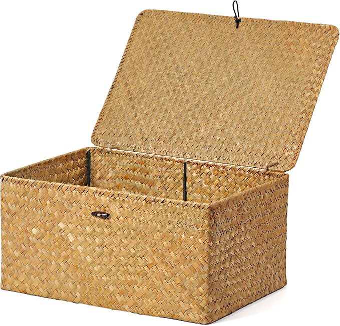Nonam Large Wicker Basket with Lid, Seagrass Shelf Storage Basket, Natural | by Home